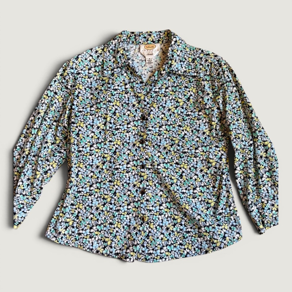 Talbots Petites Butterfly Print Button Down Shirt Blue Yellow Stretch Size P